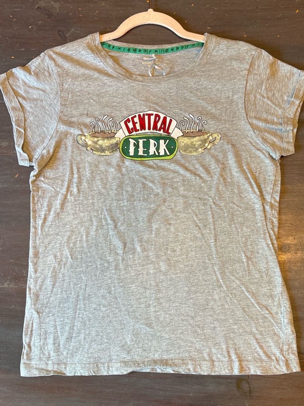 FRIENDS Gray Tee with Green Ribbon Neck Detail